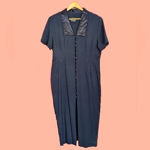 Vintage Black Midi Dress Button Down Front Satin Collar Tie Sash Slit XLG